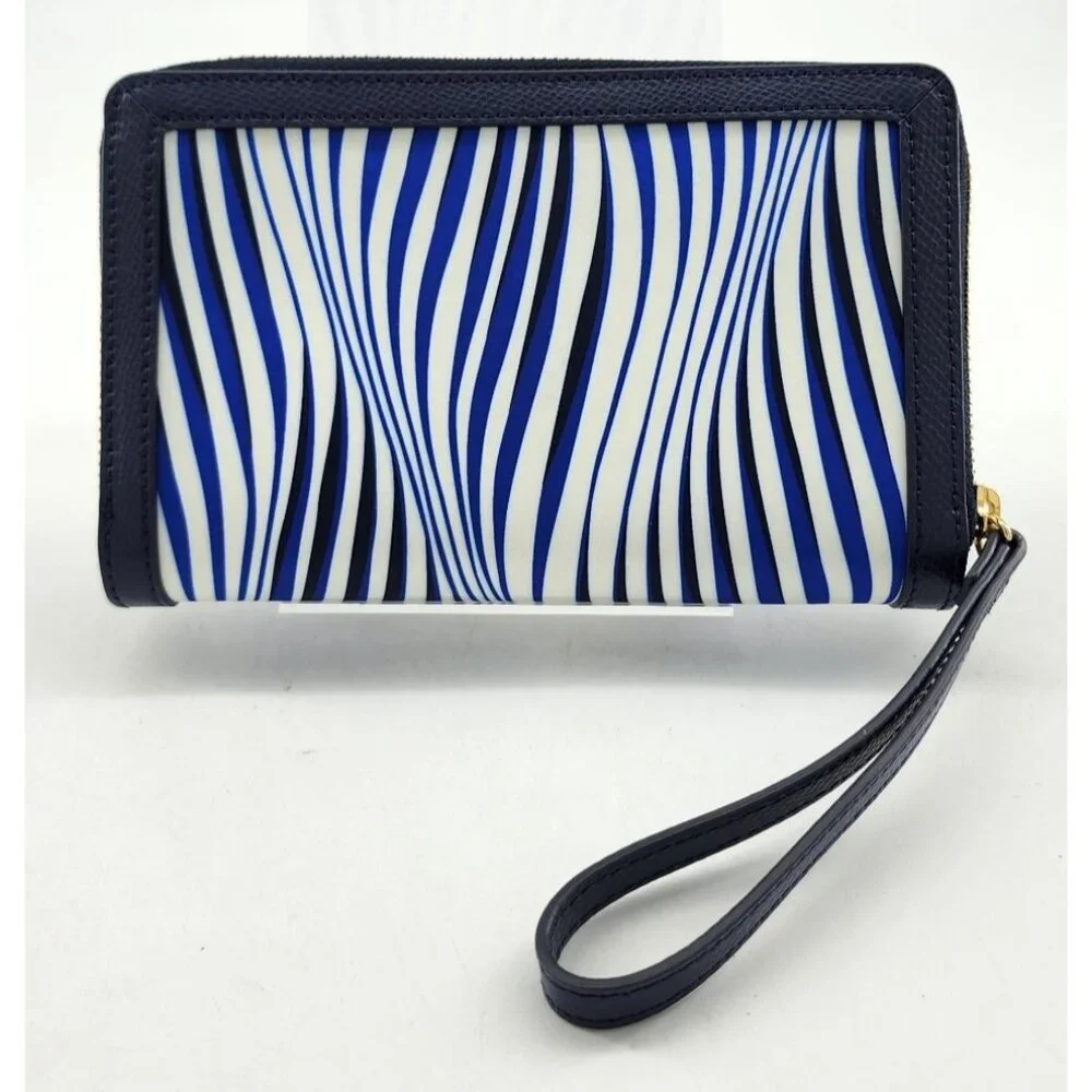 Vera Bradley Tess Wristlet Wallet Zip Around Clutch Organizer Blue Wavy‎ Stripes